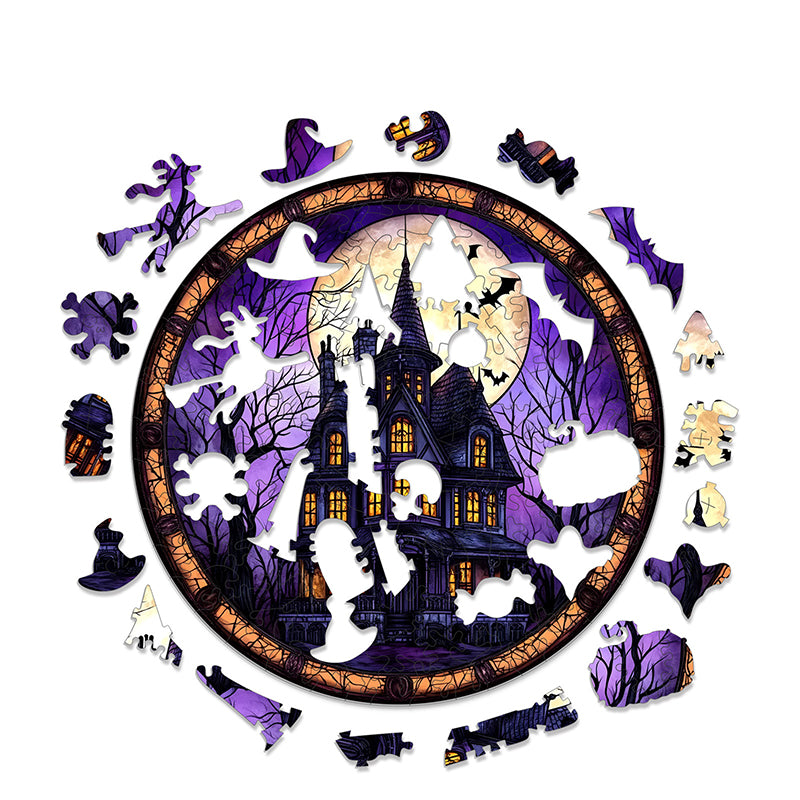 Gothic Haunted House Acrylic Jigsaw Puzzle Suncatcher - 112 Pcs Stained Glass Window Art