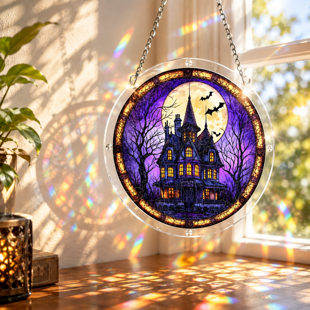 Gothic Haunted House Acrylic Jigsaw Puzzle Suncatcher - 112 Pcs Stained Glass Window Art