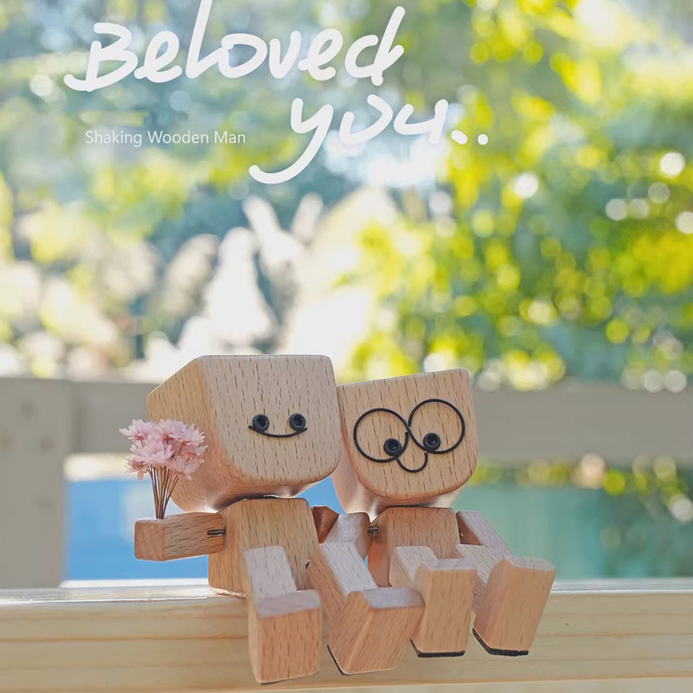 Beloved Shaking Wooden Man Couple Set | Dancing Car & Home Decor with Handheld Flowers