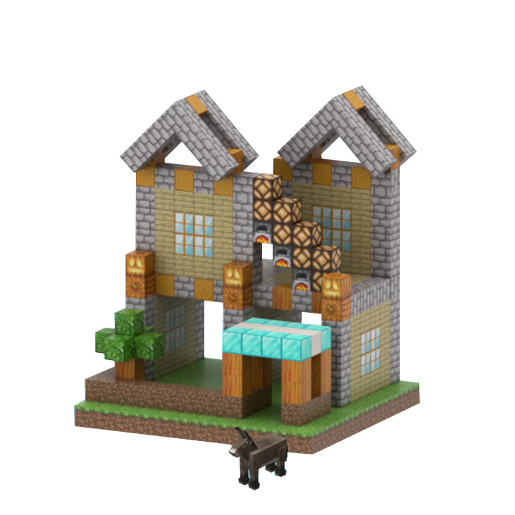 Fantasy twin-tower house built with magnetic building blocks