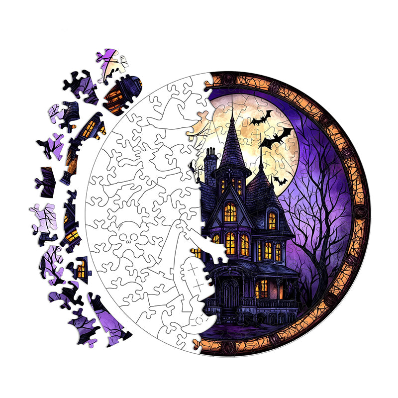 Gothic Haunted House Acrylic Jigsaw Puzzle Suncatcher - 112 Pcs Stained Glass Window Art