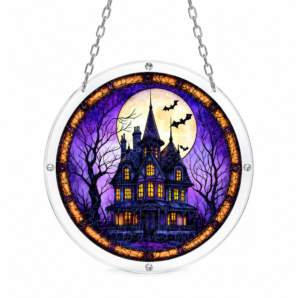 Gothic Haunted House Acrylic Jigsaw Puzzle Suncatcher - 112 Pcs Stained Glass Window Art