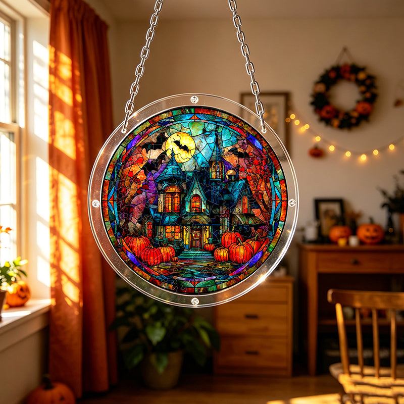 Gothic Haunted House Acrylic Jigsaw Puzzle Suncatcher - 112 Pcs Stained Glass Window Art