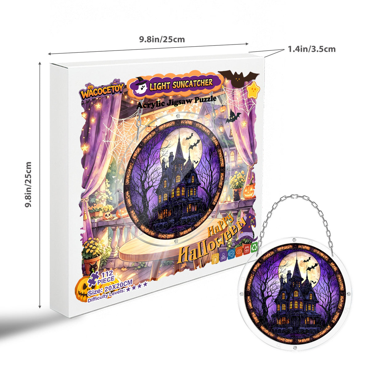 Gothic Haunted House Acrylic Jigsaw Puzzle Suncatcher - 112 Pcs Stained Glass Window Art