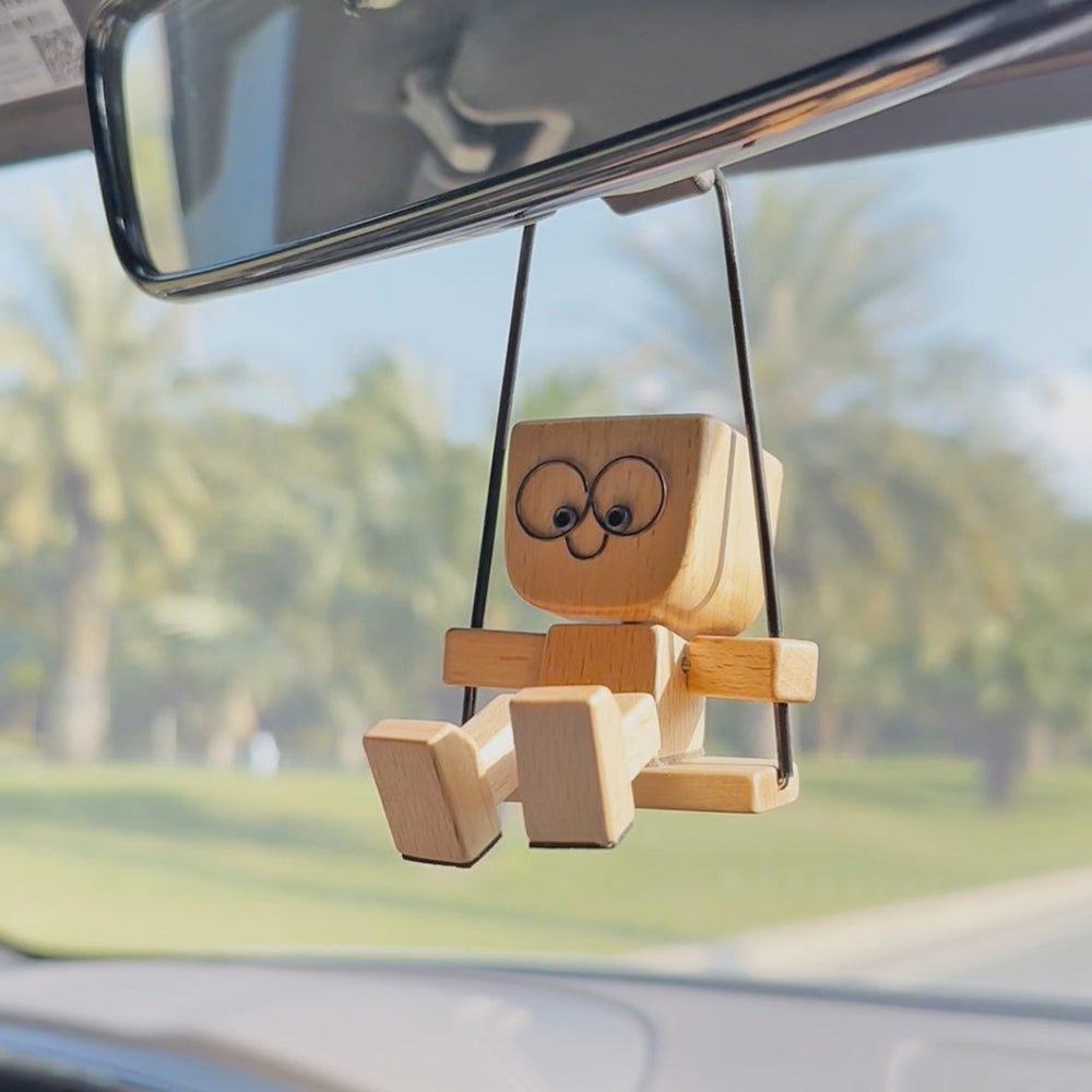Free Shipping Swinging Wooden Man for Car | Magnetic Changeable Face Decor