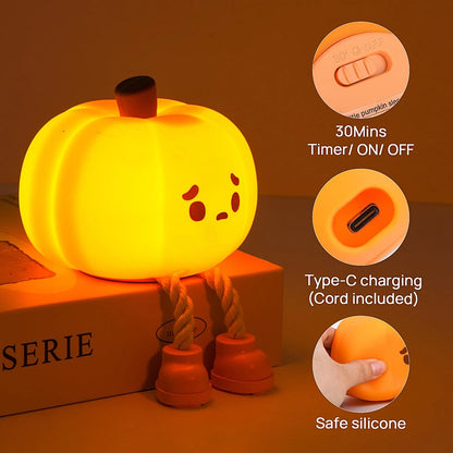 Squishy Pumpkin Night Light - Dimmable LED, Timer, Silicone | Funny Desk and Halloween Decor